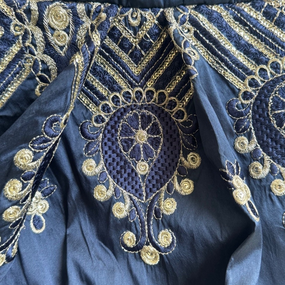 Custom Silk Navy Blue Embroidered High Low Midi Dress with Sequin Accents V-Neck - Picture 11 of 11